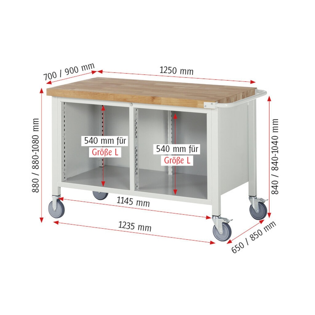 Immagine del prodotto n. 8: Banco da lavoro mobile RAU serie 8000, 1 contenitore doppio, 1 piano di appoggio, 1 anta battente, HxLxP 880-1.080 x 1.250 x 700 mm, 3 cassetti estraibili al 90%
