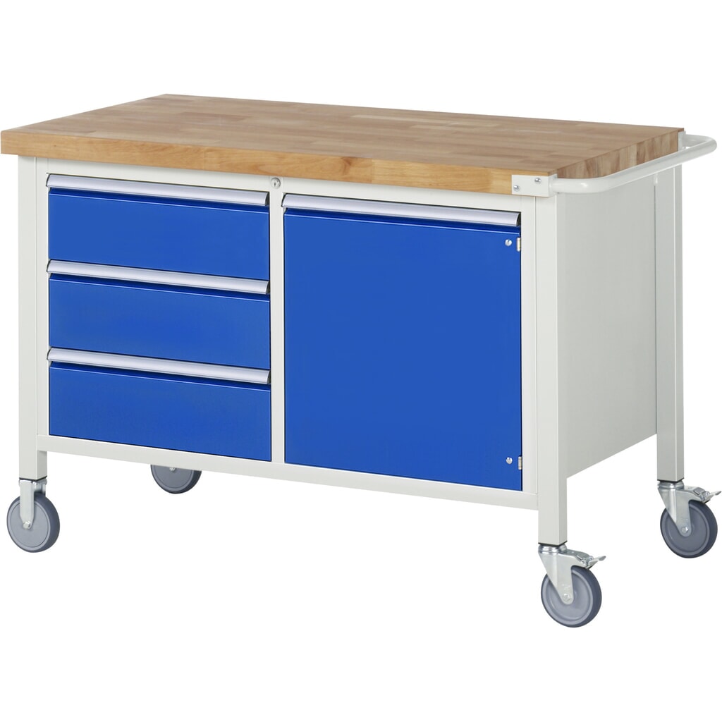 Banco da lavoro mobile RAU serie 8000, 1 contenitore doppio, 1 piano di appoggio, 1 anta battente, HxLxP 880-1.080 x 1.250 x 700 mm, 3 cassetti estraibili al 90% Immagine del prodotto n. 1: Banco da lavoro mobile RAU serie 8000, 1 contenitore doppio, 1 piano di appoggio, 1 anta battente, HxLxP 880-1.080 x 1.250 x 700 mm, 3 cassetti estraibili al 90%