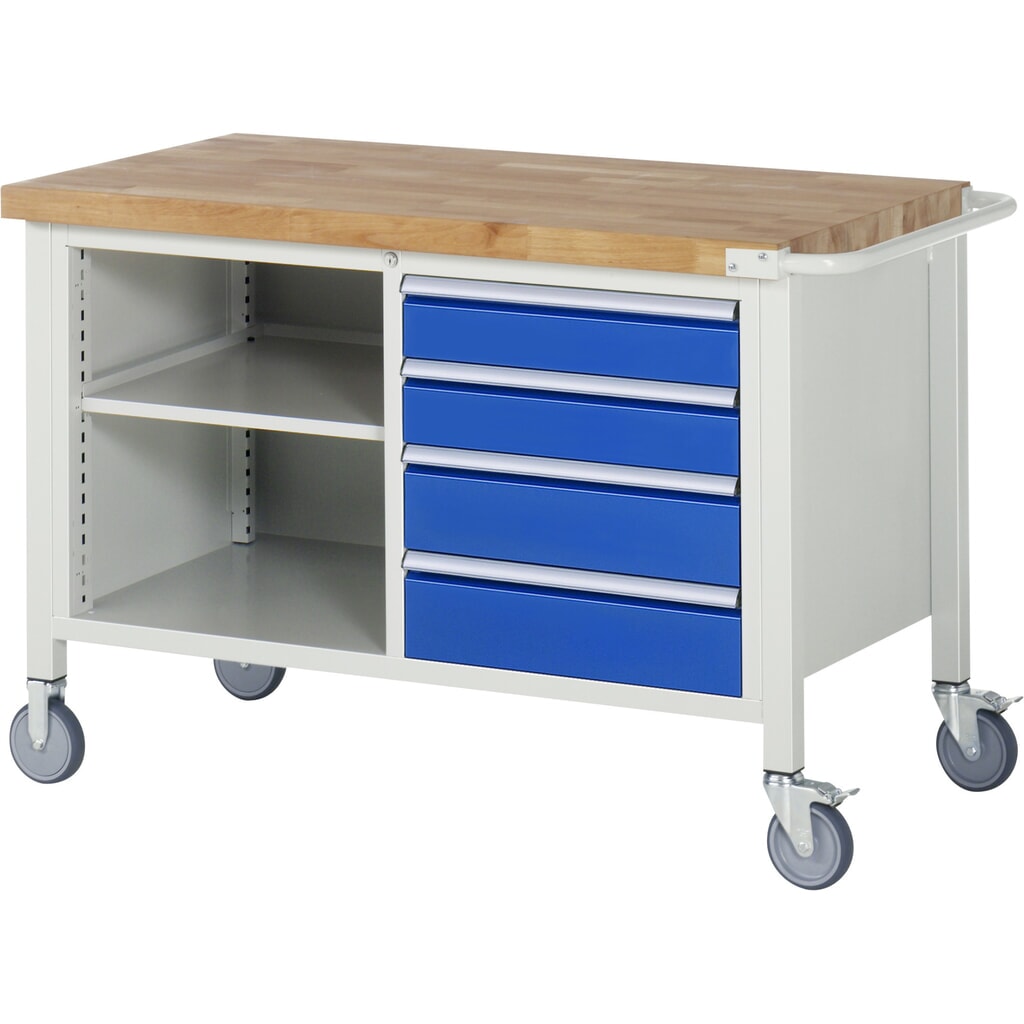 Banco da lavoro mobile RAU serie 8000, 1 contenitore doppio, 1 piani di appoggio, HxLxP 880-1.080 x 1.250 x 700 mm, 4 cassetti estraibili al 90% Immagine del prodotto: Banco da lavoro mobile RAU serie 8000, 1 contenitore doppio, 1 piani di appoggio, HxLxP 880-1.080 x 1.250 x 700 mm, 4 cassetti estraibili al 90%