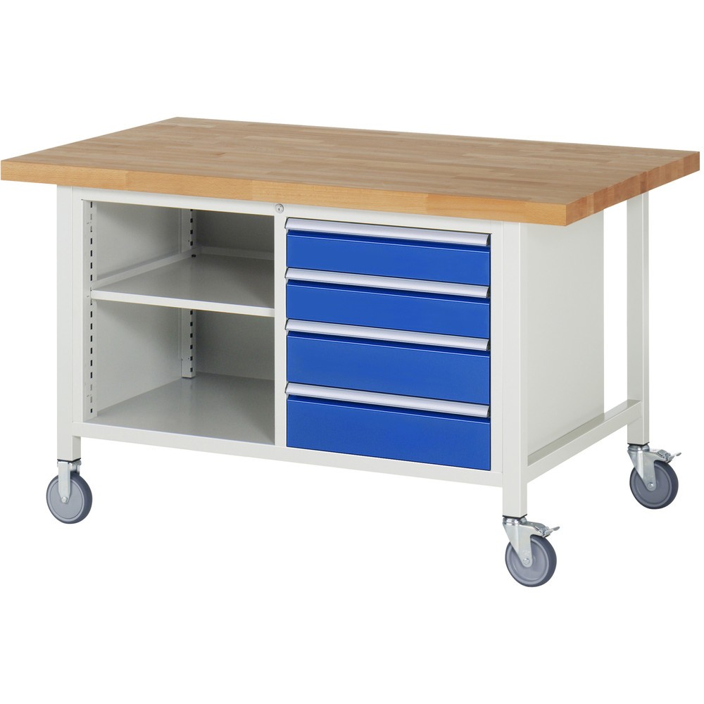 Immagine del prodotto n. 1: Banco da lavoro mobile RAU serie 8000, 1 contenitore doppio, 1 piani di appoggio, HxLxP 880-1.080 x 1.500 x 900 mm, 4 cassetti estraibili al 90%