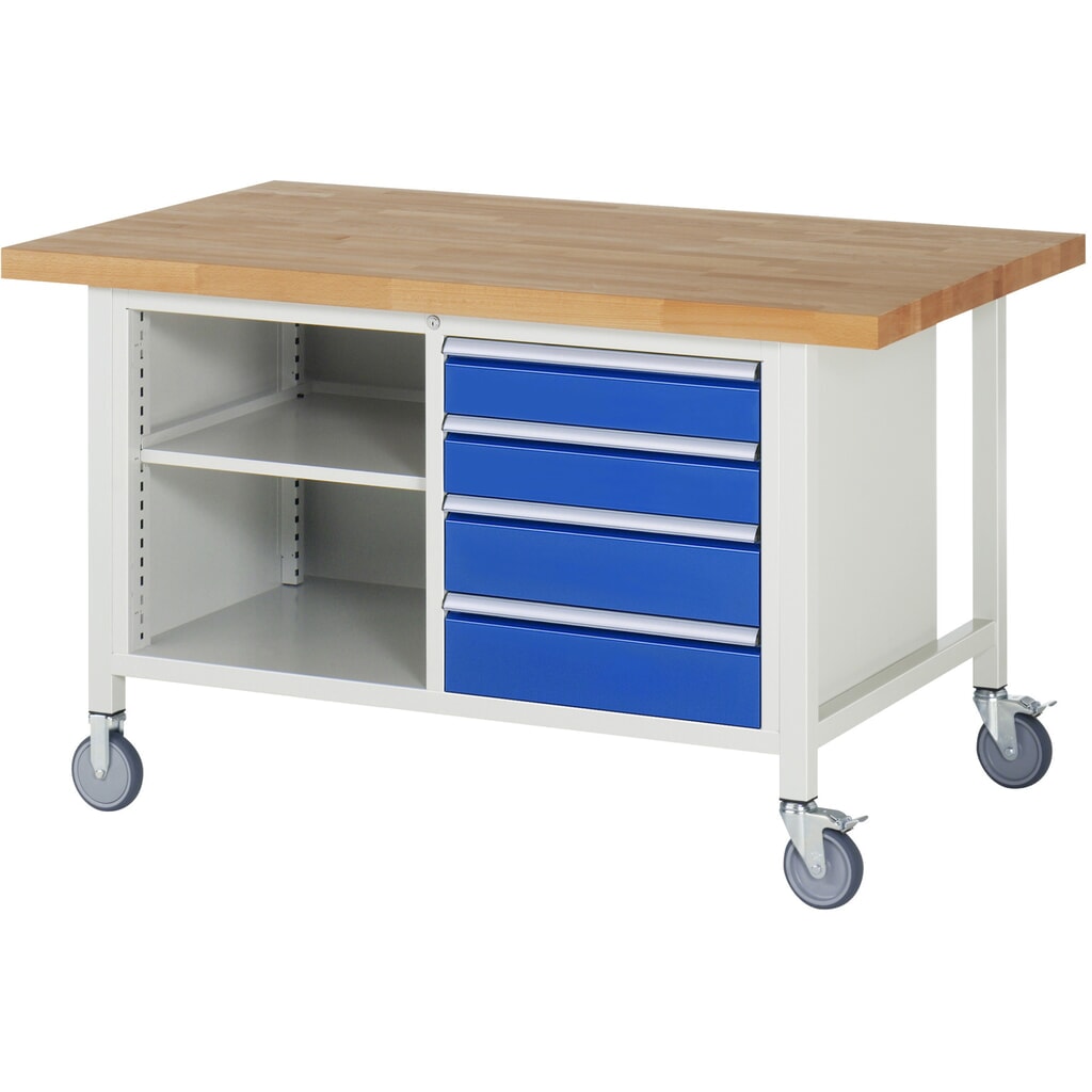 Banco da lavoro mobile RAU serie 8000, 1 contenitore doppio, 1 piano di lavoro, HxLxP 880 x 1.500 x 900 mm, 4 cassetti estraibili al 90% Immagine del prodotto n. 1: Banco da lavoro mobile RAU serie 8000, 1 contenitore doppio, 1 piano di lavoro, HxLxP 880 x 1.500 x 900 mm, 4 cassetti estraibili al 90%