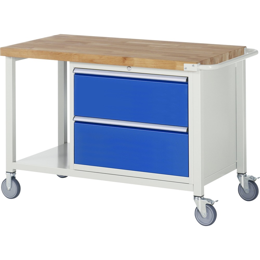 Immagine del prodotto: Banco da lavoro mobile RAU serie 8000, 1 piano di appoggio, AxLxP 880-1.080 x 1.250 x 700 mm, 2 cassetti estraibili al 100% 2 x 270 mm