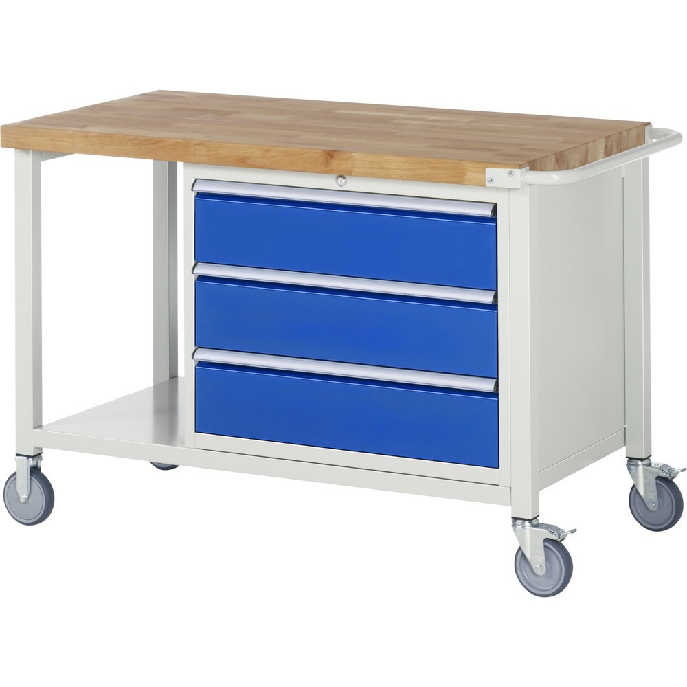 Immagine del prodotto: Banco da lavoro mobile RAU serie 8000, 1 ripiano, HxLxP 880-1.080 x 1.250 x 700 mm, 3 cassetti estraibili al 90% 3 x 180 mm, portata cassetti 75 kg