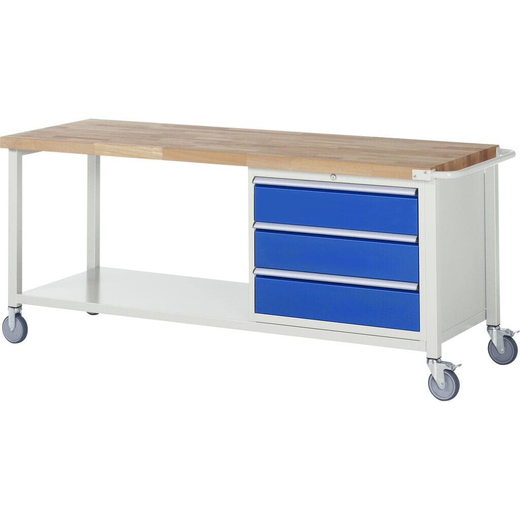 Immagine del prodotto: Banco da lavoro mobile RAU serie 8000, 1 ripiano, HxLxP 880-1.080 x 2.000 x 700 mm, 3 cassetti estraibili al 90% 3 x 180 mm, portata cassetti 75 kg