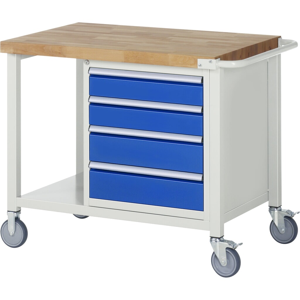 Banco da lavoro mobile RAU serie 8000, 1 piano di appoggio, AxLxP 880-1.080 x 1.000 x 700 mm, 4 cassetti estraibili al 100% 2 x 120, 2 x 150 mm, portata cassetti 100 kg Immagine del prodotto n. 1: Banco da lavoro mobile RAU serie 8000, 1 piano di appoggio, AxLxP 880-1.080 x 1.000 x 700 mm, 4 cassetti estraibili al 100% 2 x 120, 2 x 150 mm, portata cassetti 100 kg