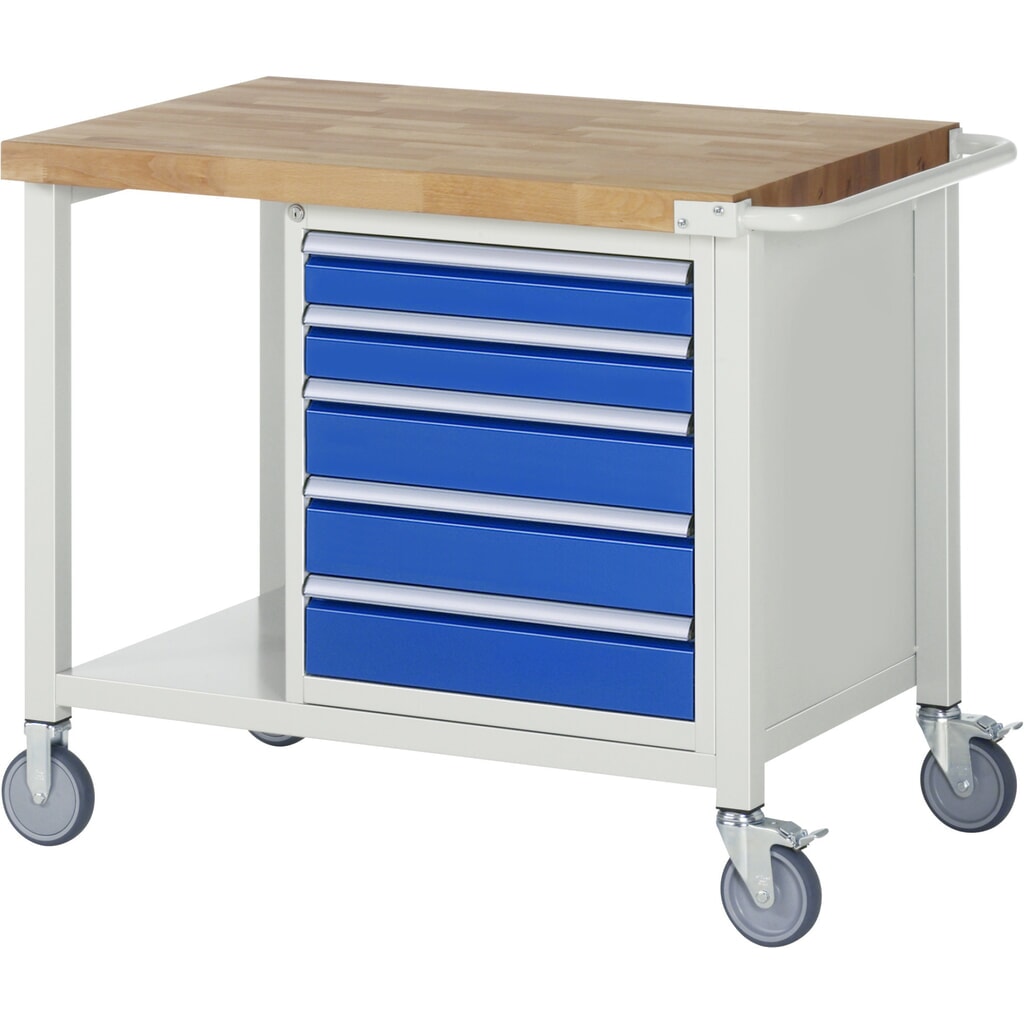 Banco da lavoro mobile RAU serie 8000, 1 piano di appoggio, AxLxP 880-1.080 x 1.000 x 700 mm, 5 cassetti estraibili al 100%, portata cassetti 100 kg Immagine del prodotto n. 1: Banco da lavoro mobile RAU serie 8000, 1 piano di appoggio, AxLxP 880-1.080 x 1.000 x 700 mm, 5 cassetti estraibili al 100%, portata cassetti 100 kg