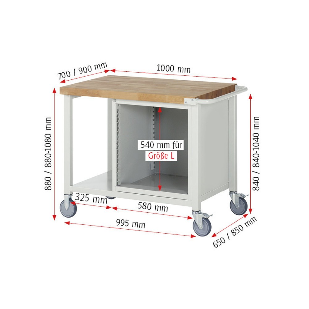 Immagine del prodotto n. 5: Banco da lavoro mobile RAU serie 8000, 1 piano di appoggio, AxLxP 880-1.080 x 1.000 x 700 mm, 5 cassetti estraibili al 100%, portata cassetti 100 kg