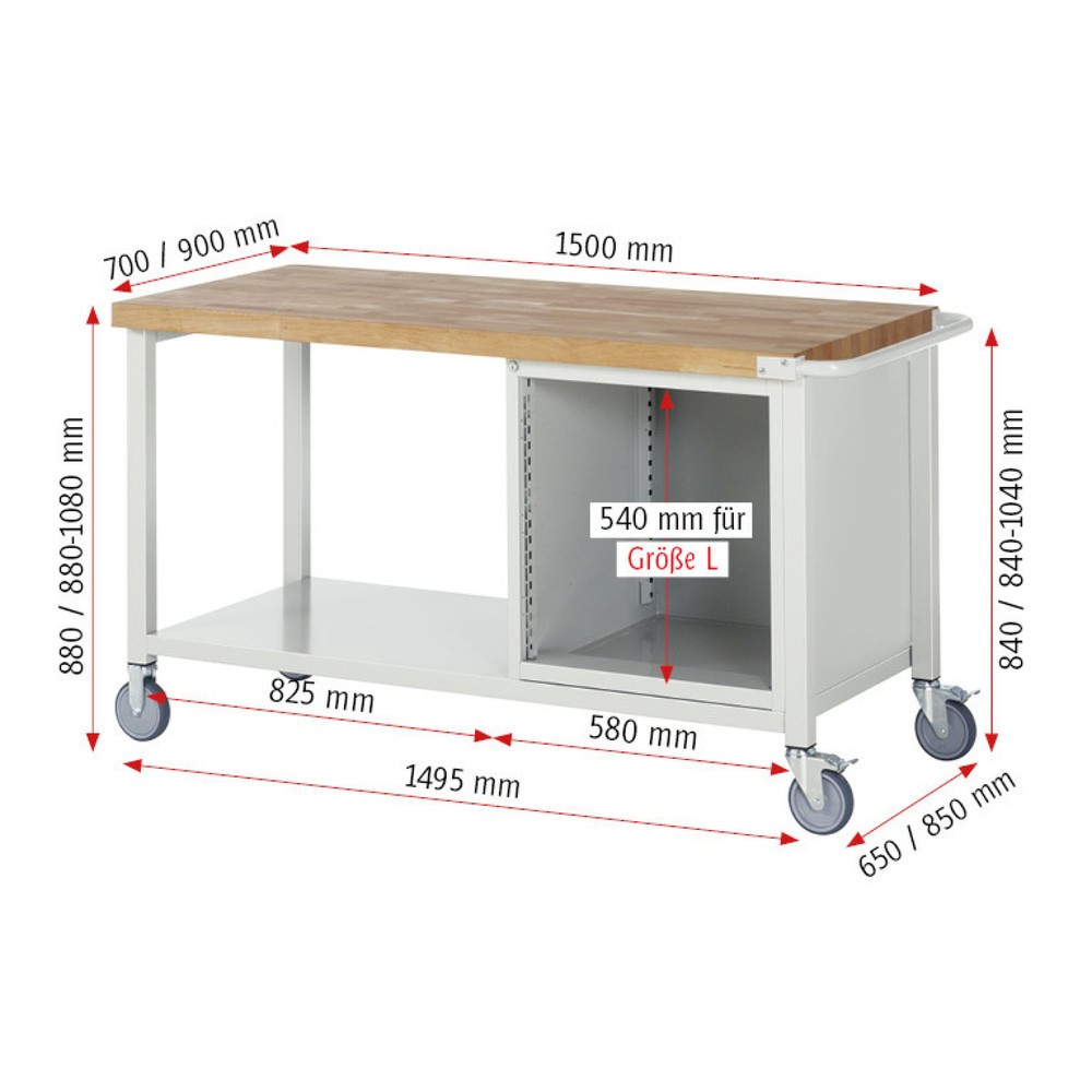 Immagine del prodotto n. 6: Banco da lavoro mobile RAU serie 8000, 1 contenitore, HxLxP 880-1.080 x 1.500 x 700 mm, 4 cassetti 2 x 120, 2 x 150 mm