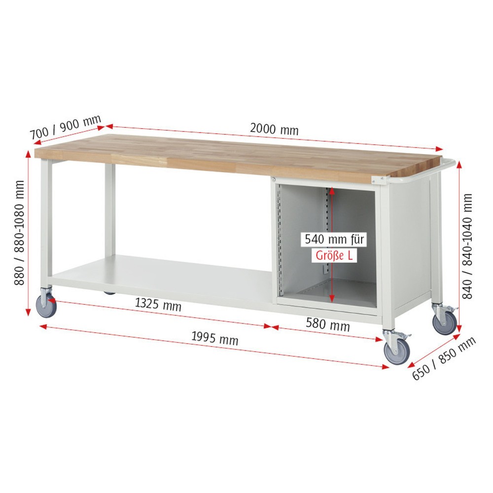 Immagine del prodotto n. 7: Banco da lavoro mobile RAU serie 8000, 1 contenitore, 1 porta, HxLxP 880-1.080 x 2.000 x 900 mm, 1 cassetto 1 x 180 mm