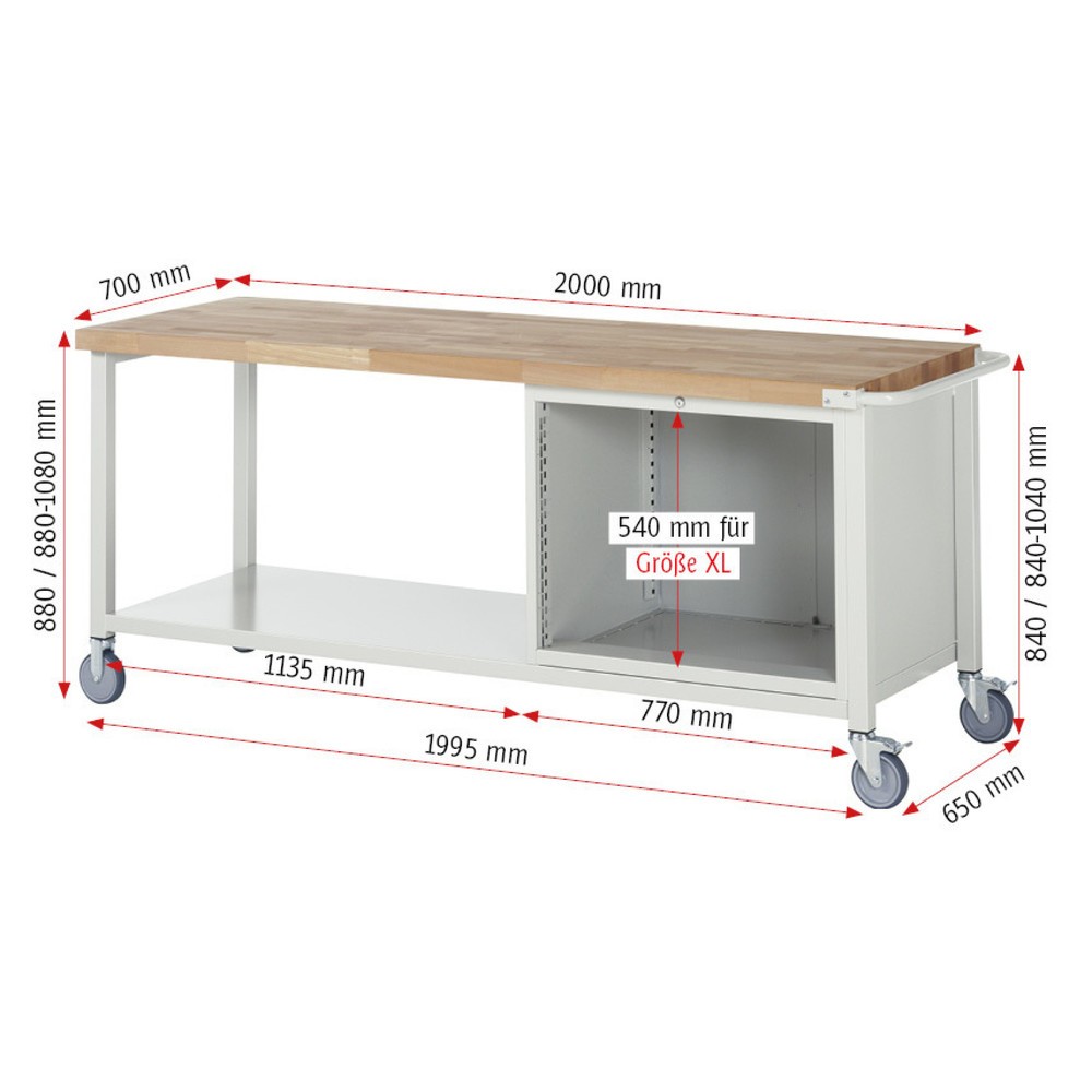 Immagine del prodotto n. 4: Banco da lavoro mobile RAU serie 8000, 1 piano di appoggio, HxLxP 880 x 2.000 x 700 mm, 4 cassetti estraibili al 90%, portata cassetti 75 kg