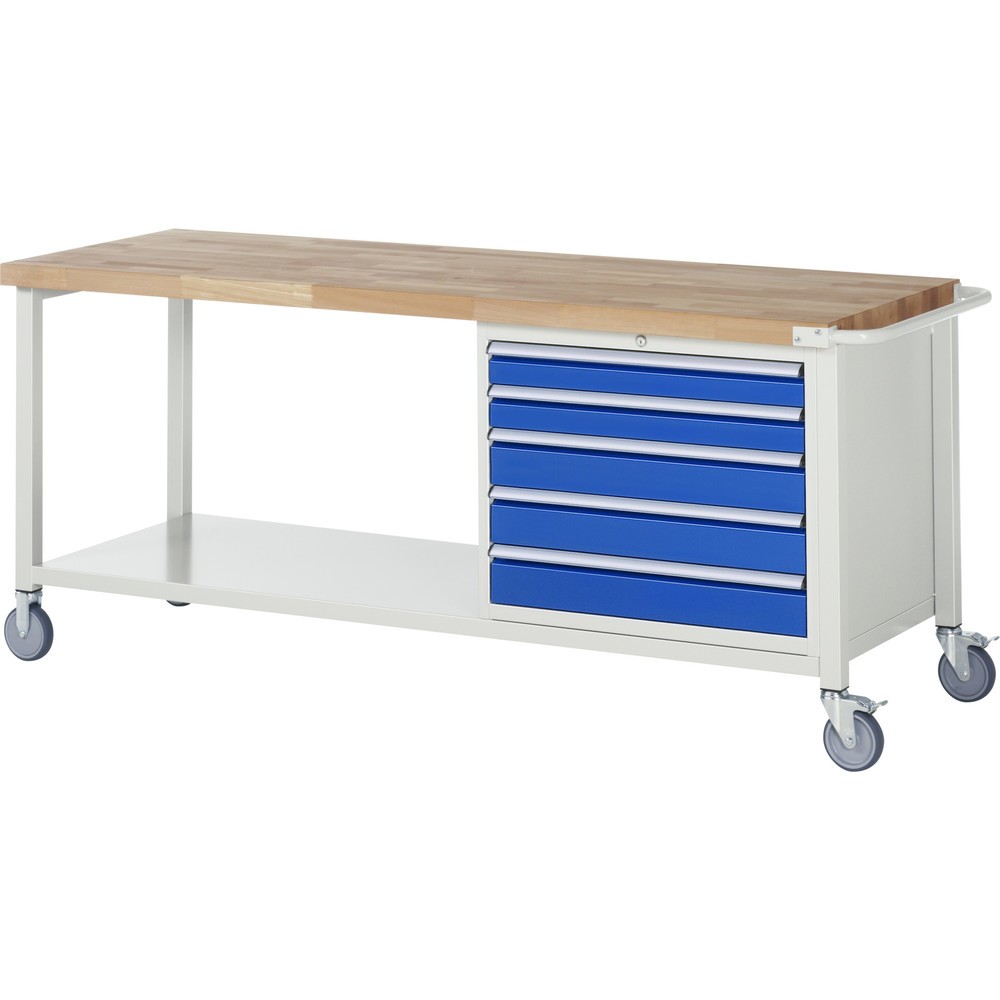 Immagine del prodotto: Banco da lavoro mobile RAU serie 8000, 1 piano di appoggio, AxLxP 880-1.080 x 2.000 x 700 mm, 5 cassetti estraibili al 100%, portata cassetti 75 kg