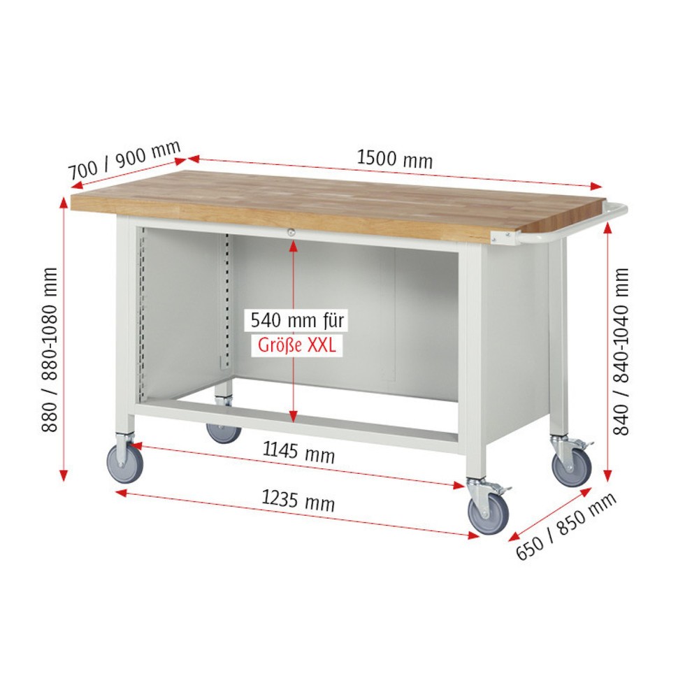 Immagine del prodotto n. 4: Banco da lavoro mobile RAU serie 8000, AxLxP 880-1.080 x 1.500 x 700 mm, 2 cassetti estraibili al 100% 2 x 270 mm, portata cassetti 50 kg