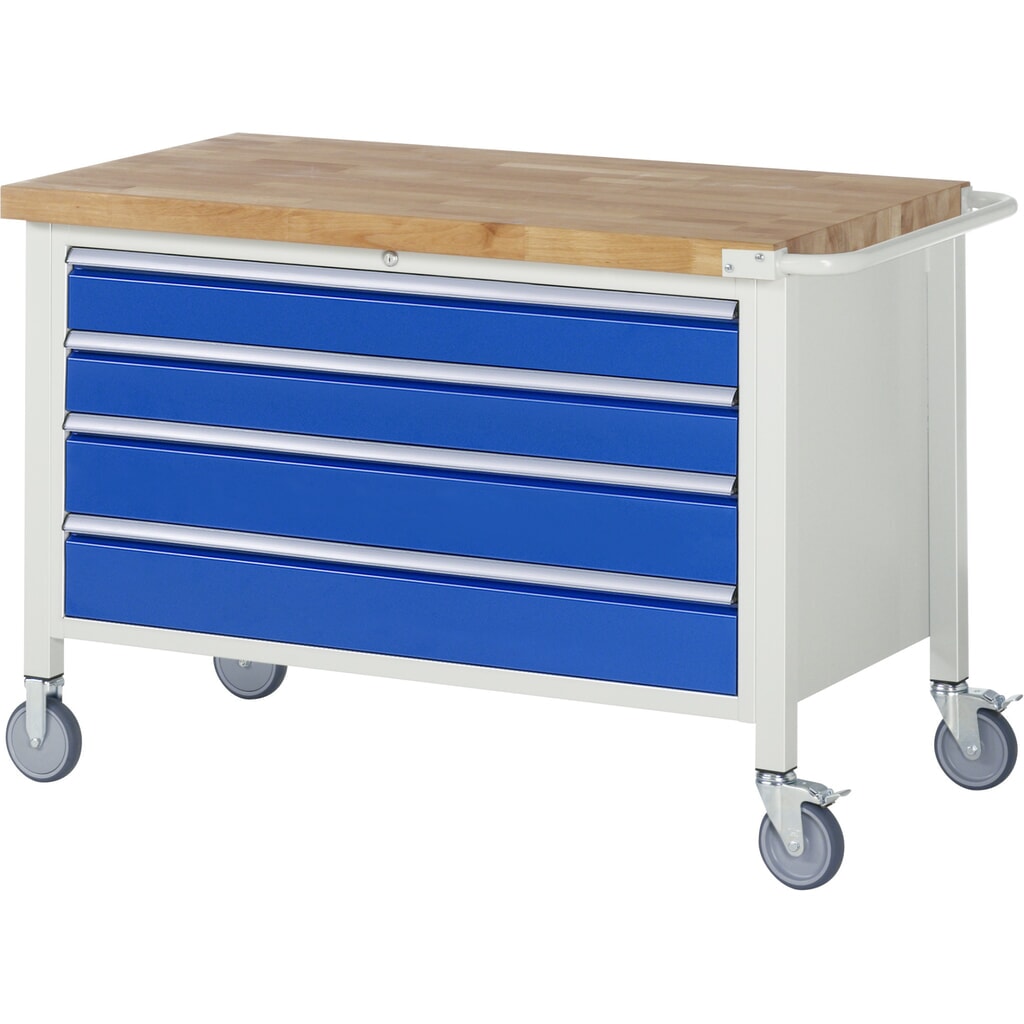 Immagine del prodotto: Banco da lavoro mobile RAU serie 8000, AxLxP 880-1.080 x 1.250 x 700 mm, 4 cassetti estraibili al 100% 2 x 120, 2 x 150 mm, portata cassetti 50 kg