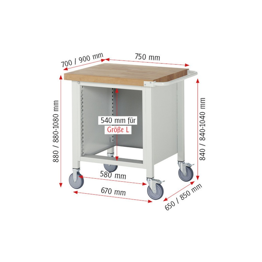 Immagine del prodotto n. 6: Banco da lavoro mobile RAU serie 8000, 1 contenitore, HxLxP 880-1.080 x 750 x 700 mm, 3 cassetti 3 x 180 mm