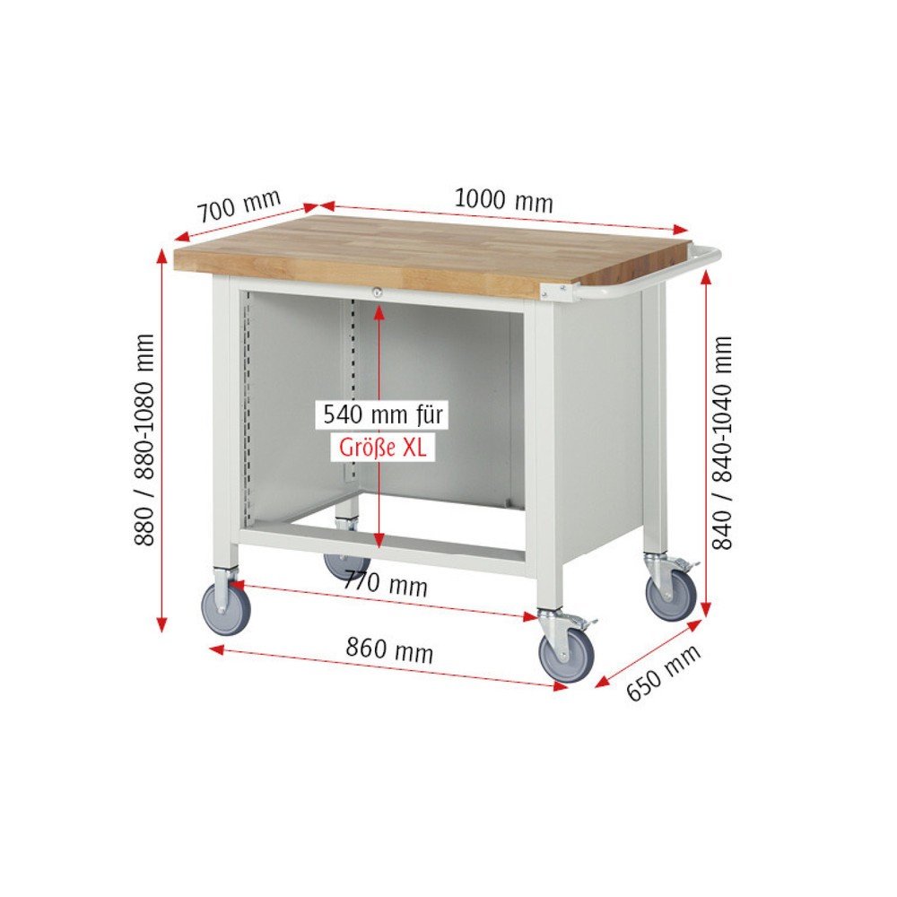 Immagine del prodotto n. 5: Banco da lavoro mobile RAU serie 8000, AxLxP 880-1.080 x 1.000 x 700 mm, 2 cassetti estraibili al 100% 2 x 270 mm, portata cassetti 75 kg