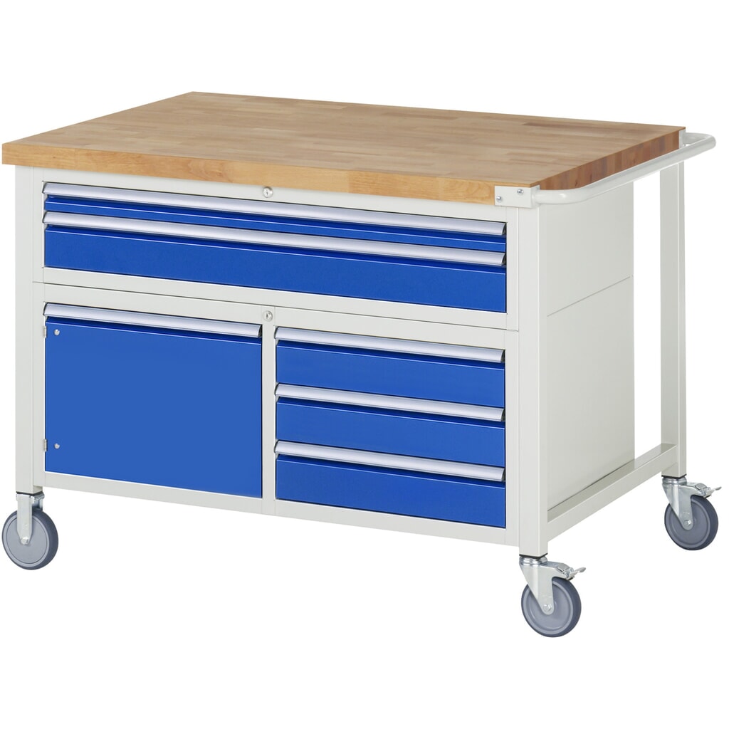 RAU Banco da lavoro mobile Serie 8000, HxLxP 920 x 1.250 x 900 mm, 1 contenitore triplo nella base, con 5 cassetti e 1 anta battente Immagine del prodotto: RAU Banco da lavoro mobile Serie 8000, HxLxP 920 x 1.250 x 900 mm, 1 contenitore triplo nella base, con 5 cassetti e 1 anta battente
