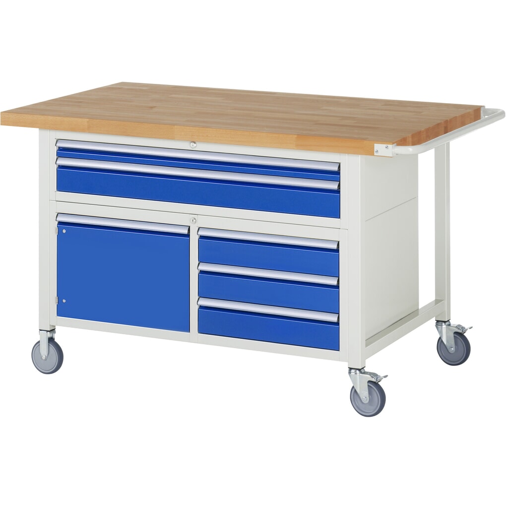 RAU Banco da lavoro mobile Serie 8000, HxLxP 920 x 1.500 x 900 mm, 1 contenitore triplo nella base, con 5 cassetti e 1 anta battente Immagine del prodotto: RAU Banco da lavoro mobile Serie 8000, HxLxP 920 x 1.500 x 900 mm, 1 contenitore triplo nella base, con 5 cassetti e 1 anta battente