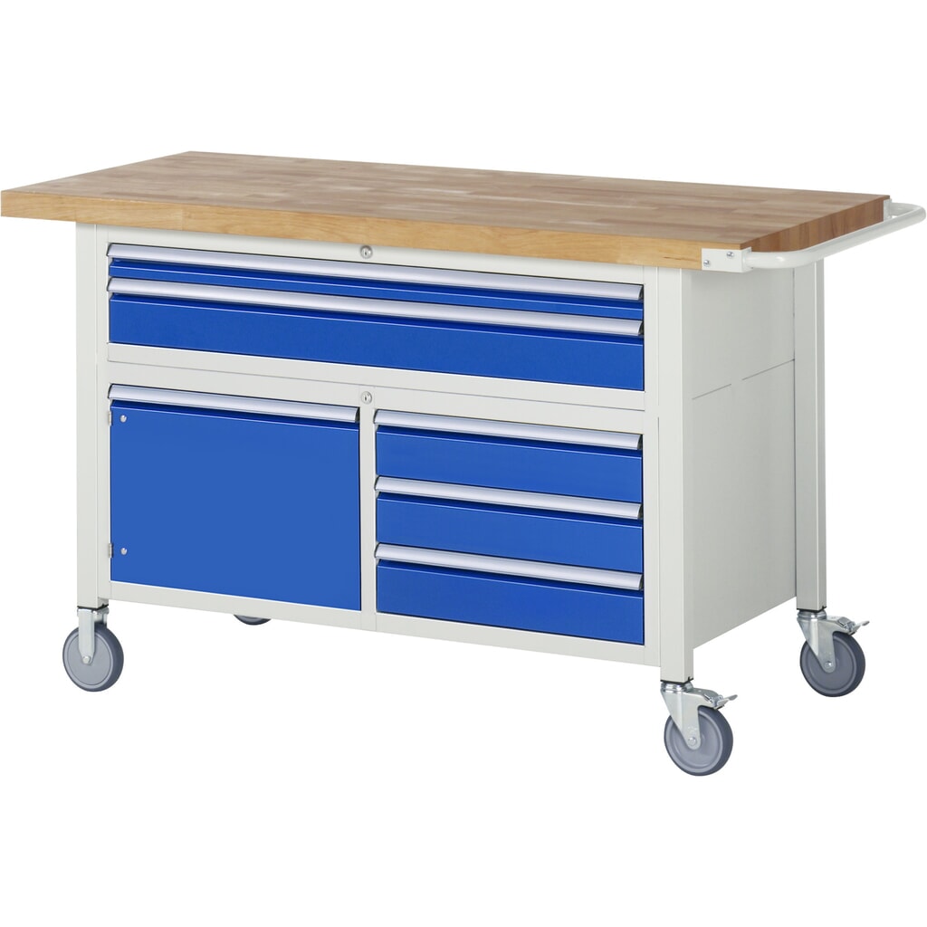 RAU Banco da lavoro mobile Serie 8000, HxLxP 920 x 1.500 x 700 mm, 1 contenitore triplo nella base, con 5 cassetti e 1 anta battente Immagine del prodotto: RAU Banco da lavoro mobile Serie 8000, HxLxP 920 x 1.500 x 700 mm, 1 contenitore triplo nella base, con 5 cassetti e 1 anta battente