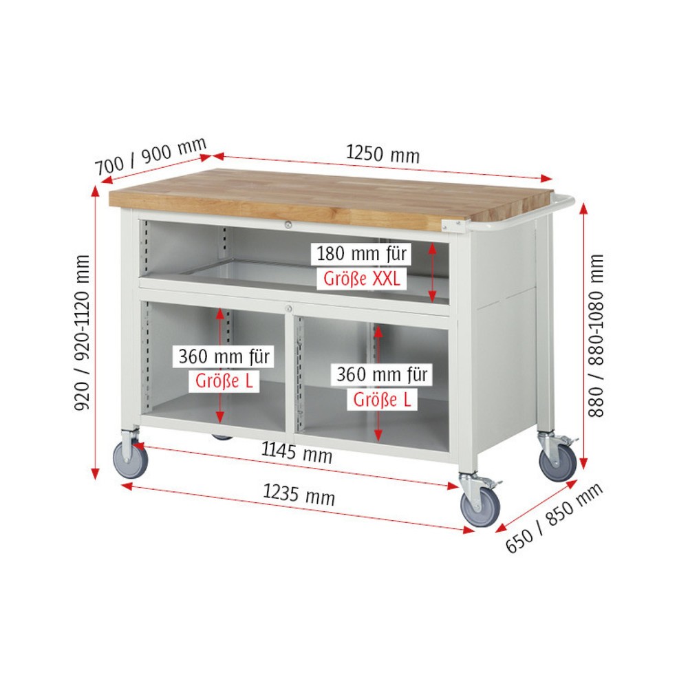 Immagine del prodotto n. 6: Banco da lavoro mobile RAU serie 8000, 1 contenitore doppio, 1 anta battente, HxLxP 920-1.120 x 1.250 x 900 mm, 5 cassetti estraibili al 90%