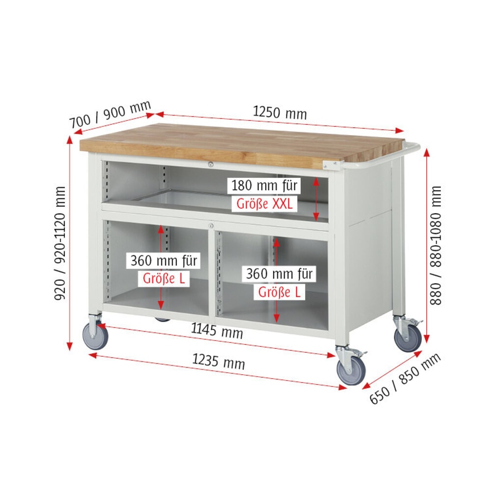 Immagine del prodotto n. 8: Banco da lavoro mobile RAU serie 8000, 1 contenitore doppio, 1 anta battente, HxLxP 920-1.120 x 1.250 x 700 mm, 5 cassetti estraibili al 90%