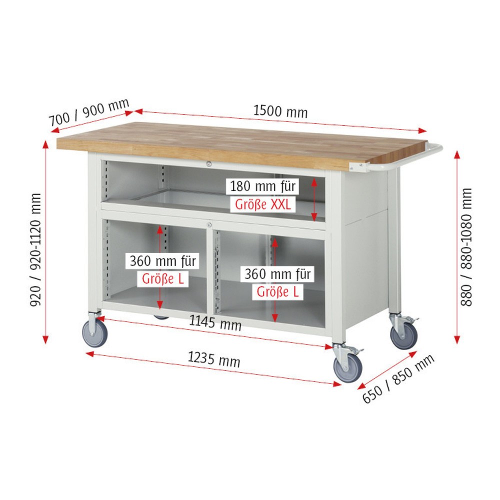 Immagine del prodotto n. 4: Banco da lavoro RAU serie 8000, 1 contenitore triplo, AxLxP 920 x 1.500 x 900 mm, 7 cassetti