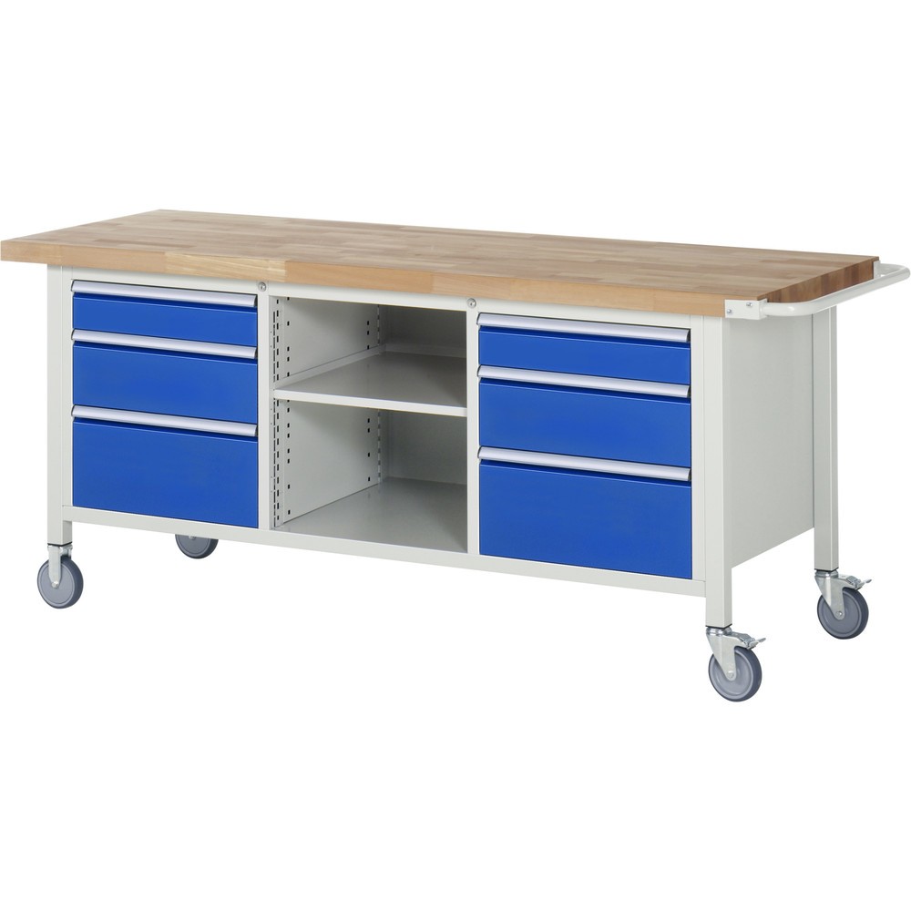 Immagine del prodotto: Banco da lavoro mobile RAU serie 8000, 1 contenitore triplo, 1 piano di appoggio, HxLxP 880 x 2.000 x 700 mm, 6 cassetti estraibili al 90%