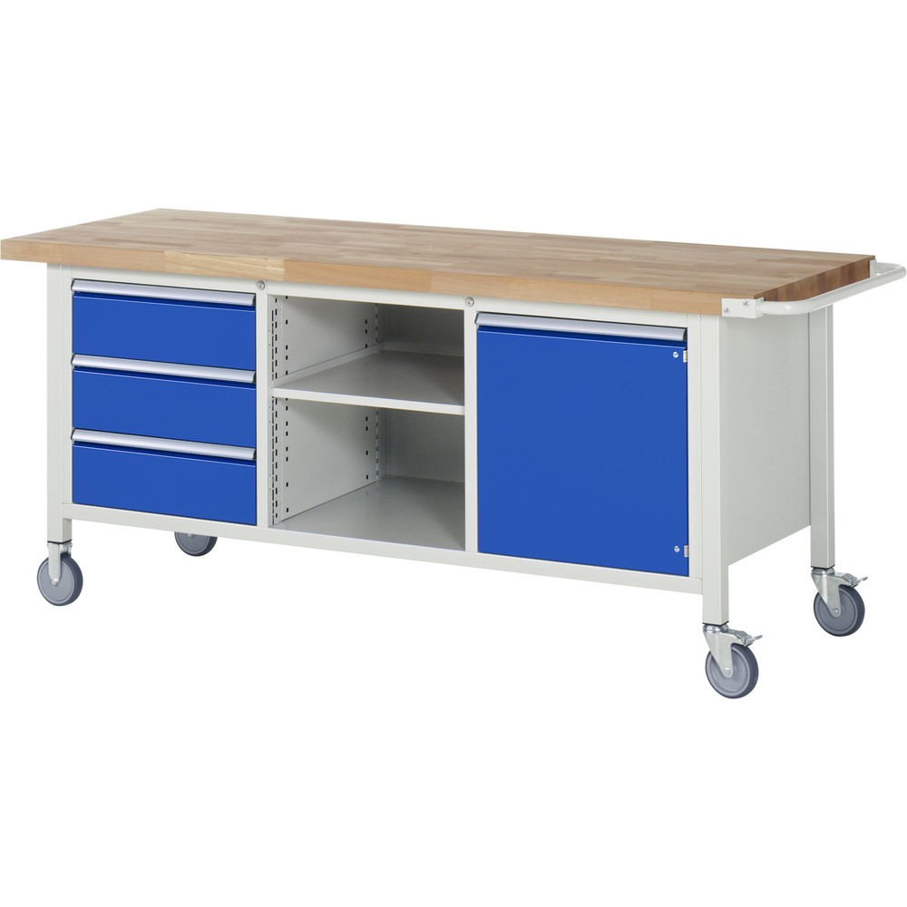 Immagine del prodotto n. 1: Banco da lavoro mobile RAU serie 8000, 1 contenitore triplo, 1 ripiano, 1 anta battente, AxLxP 880 x 2.000 x 700 mm, 3 cassetti