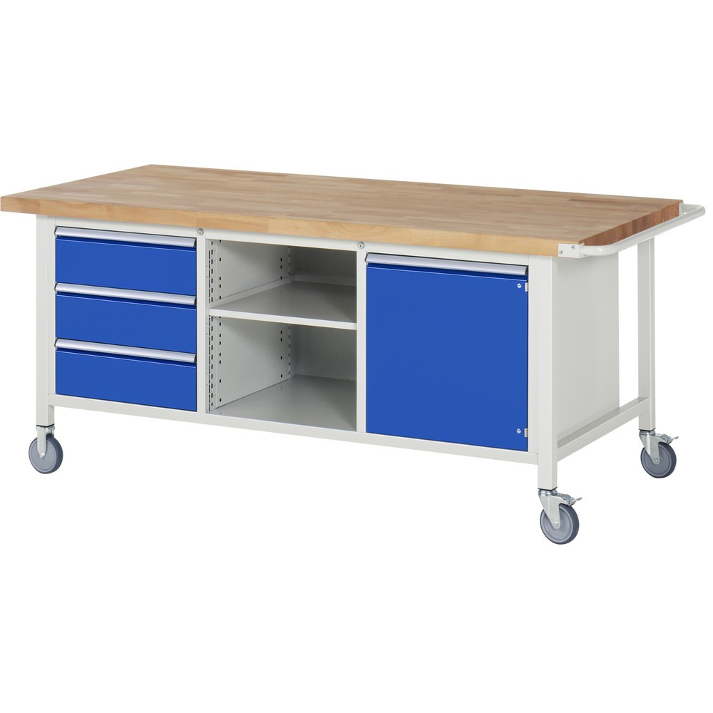 Immagine del prodotto: Banco da lavoro mobile RAU serie 8000, 1 contenitore triplo, 1 piani di appoggio, 1 anta battente, HxLxP 880-1.080 x 2.000 x 900 mm, 3 cassetti estraibili al 90%