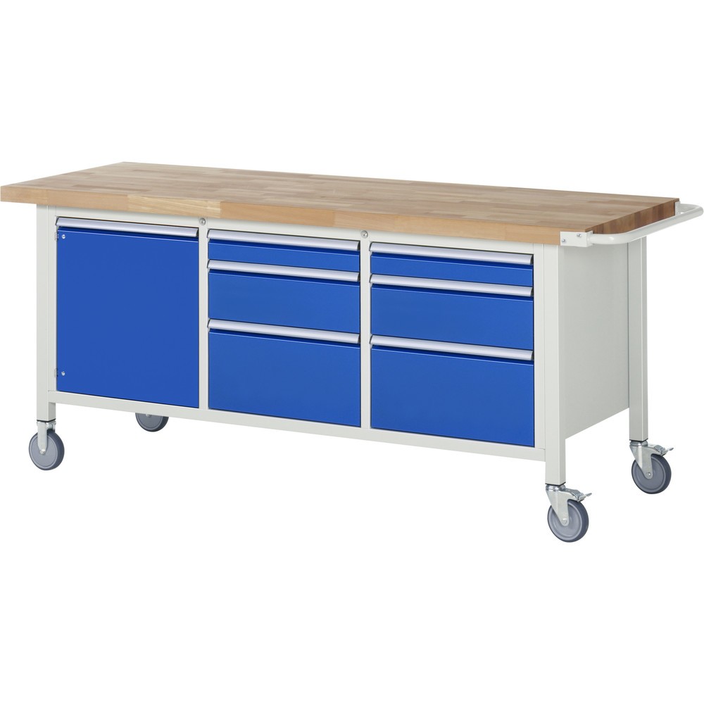 Immagine del prodotto: Banco da lavoro mobile RAU serie 8000, 1 contenitore triplo, 1 piani di appoggio, 1 anta battente, HxLxP 880-1.080 x 2.000 x 700 mm, 6 cassetti estraibili al 90%