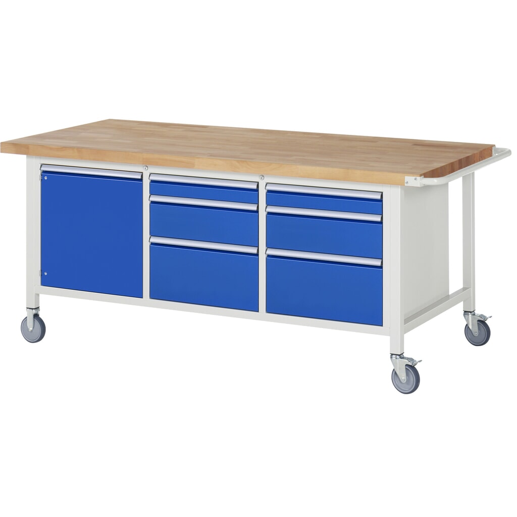 RAU Banco da lavoro mobile Serie 8000, HxLxP 880 x 2.000 x 900 mm, 1 contenitore triplo nella base, con 6 cassetti e 1 anta battente Immagine del prodotto: RAU Banco da lavoro mobile Serie 8000, HxLxP 880 x 2.000 x 900 mm, 1 contenitore triplo nella base, con 6 cassetti e 1 anta battente