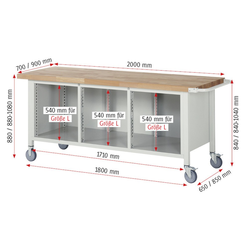 Immagine del prodotto n. 4: Banco da lavoro mobile RAU serie 8000, 1 contenitore triplo, 1 piano di appoggio, HxLxP 880 x 2.000 x 700 mm, 4 cassetti estraibili al 90%