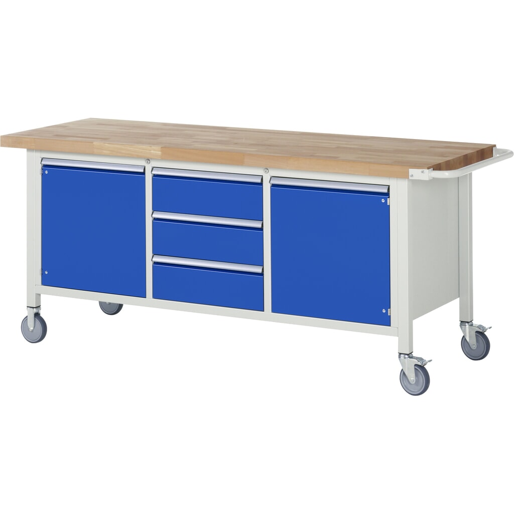 Immagine del prodotto n. 1: Banco da lavoro mobile RAU serie 8000, 1 contenitore triplo, 2 piani di appoggio, 2 ante battenti, HxLxP 880-1.080 x 2.000 x 700 mm, 3 cassetti estraibili al 90%