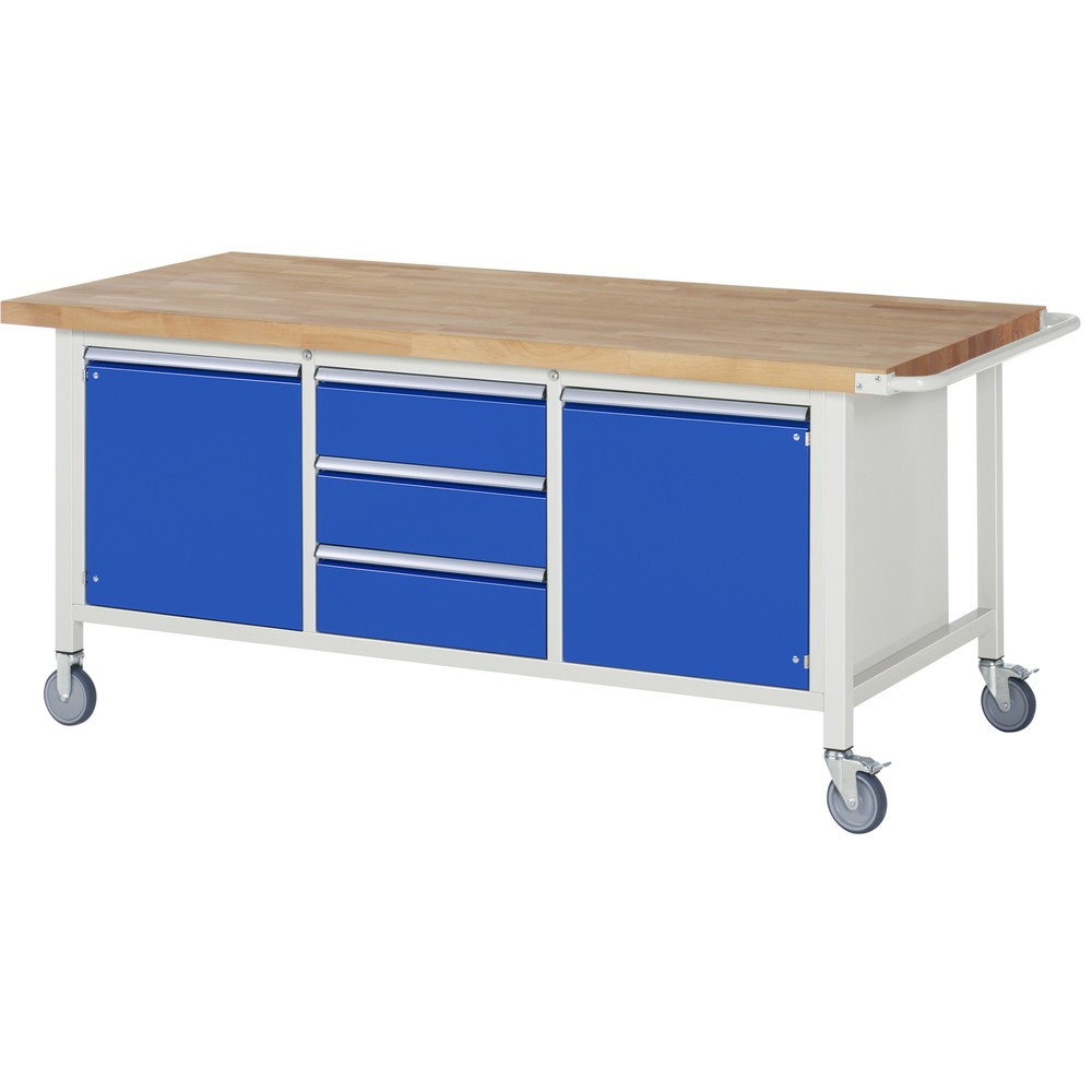 Immagine del prodotto n. 1: Banco da lavoro mobile RAU serie 8000, 1 contenitore triplo, 2 piani di appoggio, 2 ante battenti, HxLxP 880-1.080 x 2.000 x 900 mm, 3 cassetti estraibili al 90%