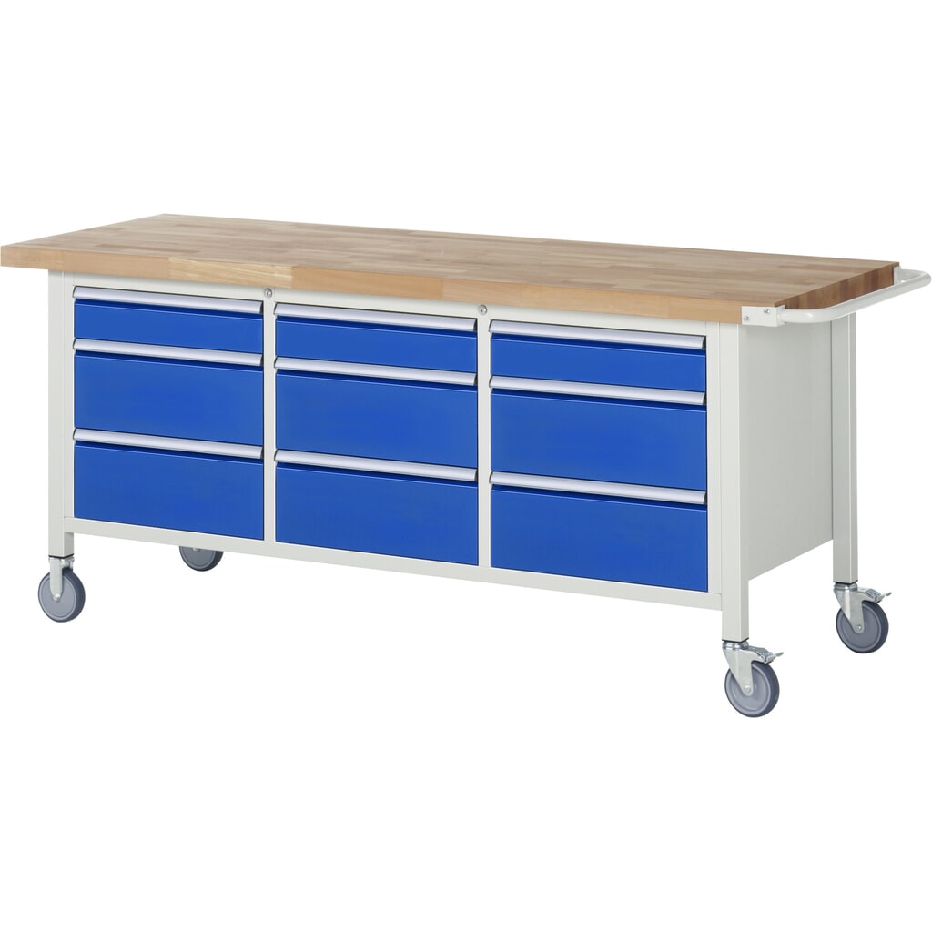 Immagine del prodotto: Banco da lavoro mobile RAU serie 8000, 1 contenitore triplo, HxLxP 880-1.080 x 2.000 x 700 mm, 9 cassetti estraibili al 90%