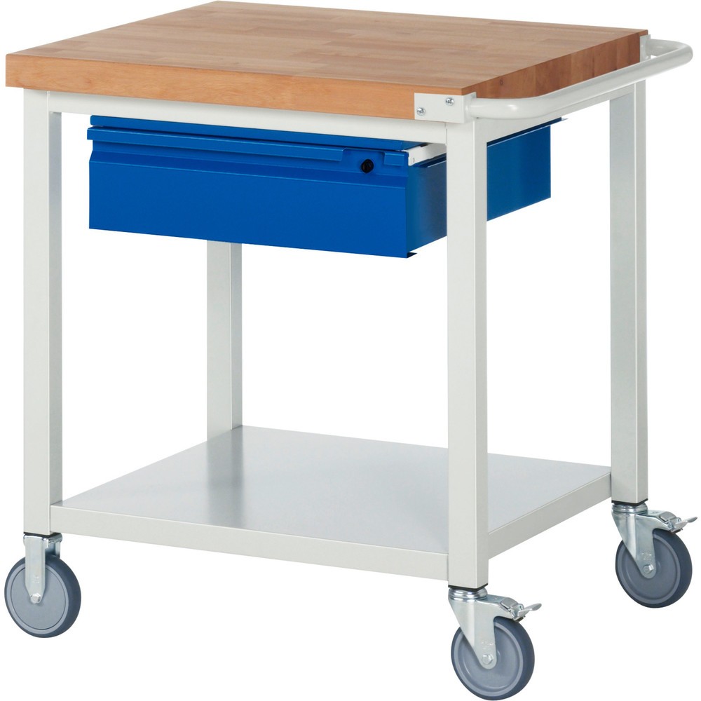 Immagine del prodotto: Banco da lavoro mobile RAU serie 8000, piano di lavoro in faggio massiccio, spessore 40 mm, AxLxP 880 x 750 x 700 mm, 1 cassetto, 1 piano di appoggio profondità 650 mm
