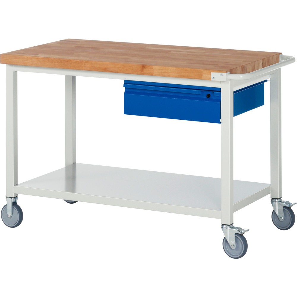Immagine del prodotto n. 1: Banco da lavoro mobile RAU serie 8000, piano di lavoro in faggio massiccio, spessore 40 mm, AxLxP 880 x 1.250 x 700 mm, 1 cassetto, 1 piano di appoggio profondità 650 mm
