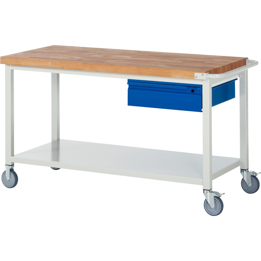 Immagine del prodotto n. 1: Banco da lavoro mobile RAU serie 8000, piano di lavoro in faggio massiccio, spessore 40 mm, AxLxP 880 x 1.500 x 700 mm, 1 cassetto, 1 piano di appoggio profondità 650 mm