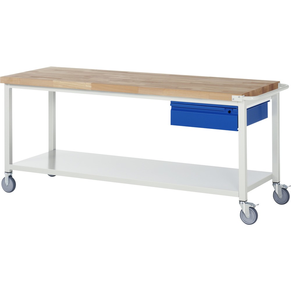 Immagine del prodotto n. 1: Banco da lavoro mobile RAU serie 8000, piano di lavoro in faggio massiccio, spessore 40 mm, AxLxP 880 x 2.000 x 700 mm, 1 cassetto, 1 piano di appoggio profondità 650 mm