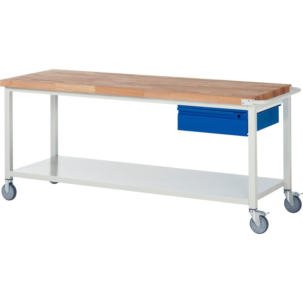 Immagine del prodotto n. 1: Banco da lavoro mobile RAU serie 8000, piano di lavoro in faggio massiccio, spessore 40 mm, AxLxP 880 x 2.000 x 700 mm, 1 cassetto, 1 piano di appoggio profondità 650 mm