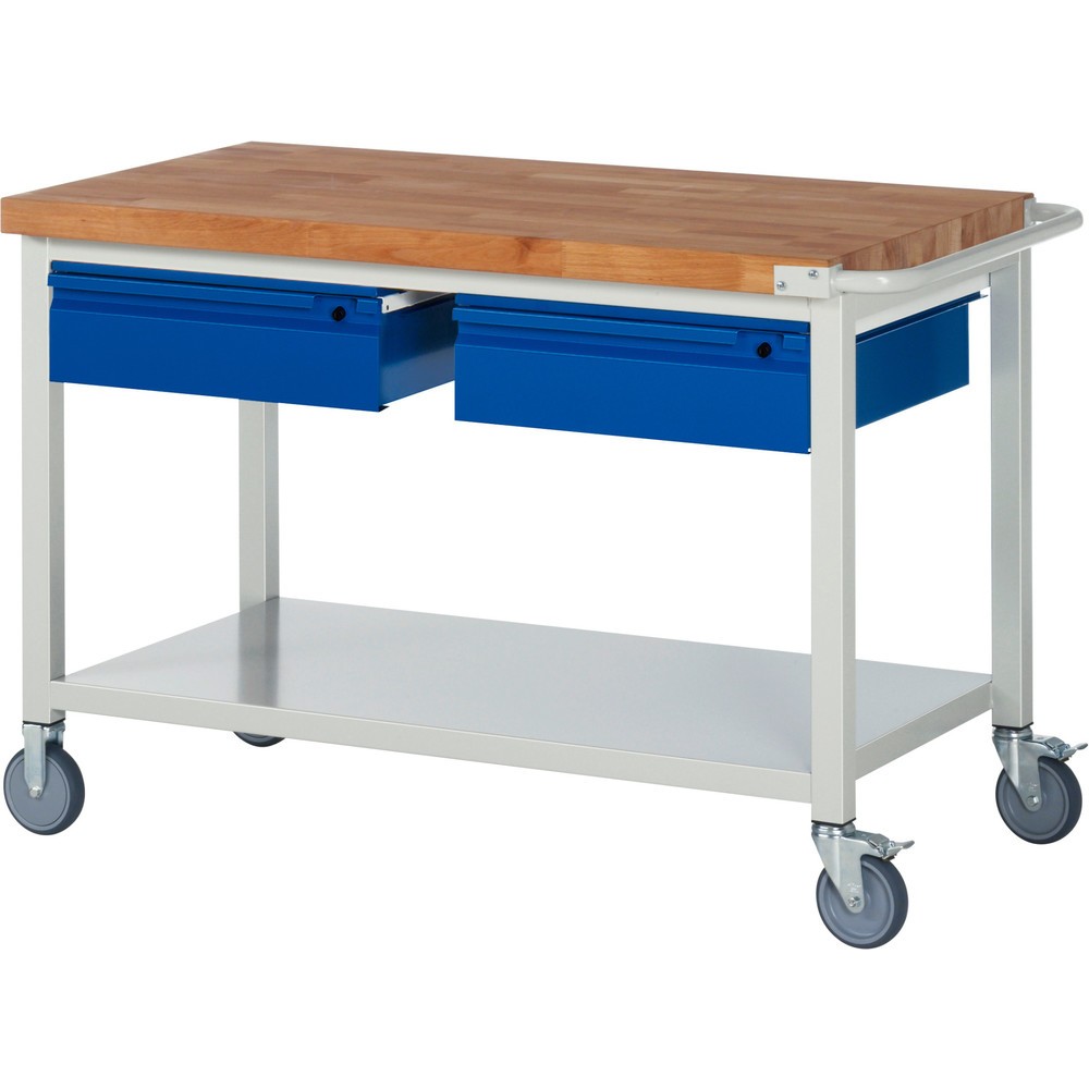 Immagine del prodotto: Banco da lavoro mobile RAU serie 8000, piano di lavoro in faggio massiccio, spessore 40 mm, AxLxP 880 x 1.250 x 700 mm, 2 cassetti, 1 piano di appoggio profondità 650 mm