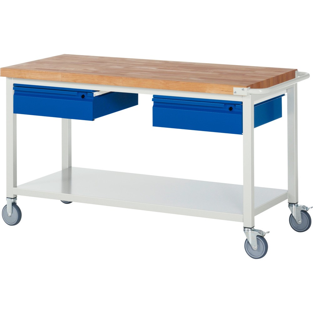 Immagine del prodotto n. 1: Banco da lavoro mobile RAU serie 8000, piano di lavoro in faggio massiccio, spessore 40 mm, AxLxP 880 x 1.500 x 700 mm, 2 cassetti, 1 piano di appoggio profondità 650 mm