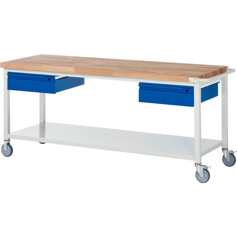 Immagine del prodotto n. 1: Banco da lavoro mobile RAU serie 8000, piano di lavoro in faggio massiccio, spessore 40 mm, AxLxP 880 x 2.000 x 700 mm, 2 cassetti, 1 piano di appoggio profondità 650 mm