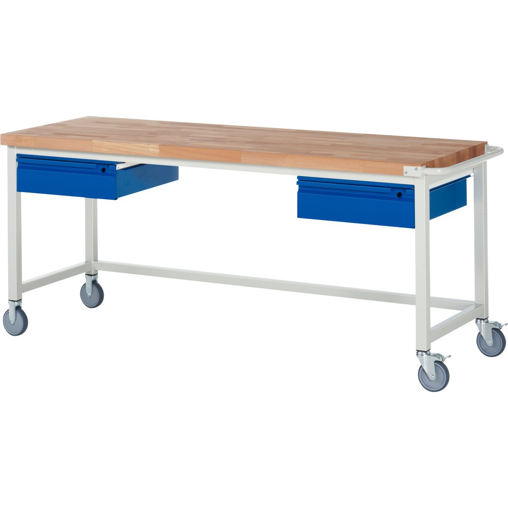 Immagine del prodotto: Banco da lavoro mobile RAU serie 8000, piano di lavoro in faggio massiccio, spessore 40 mm, AxLxP 880 x 2.000 x 700 mm, 2 cassetti 2 x 150 mm