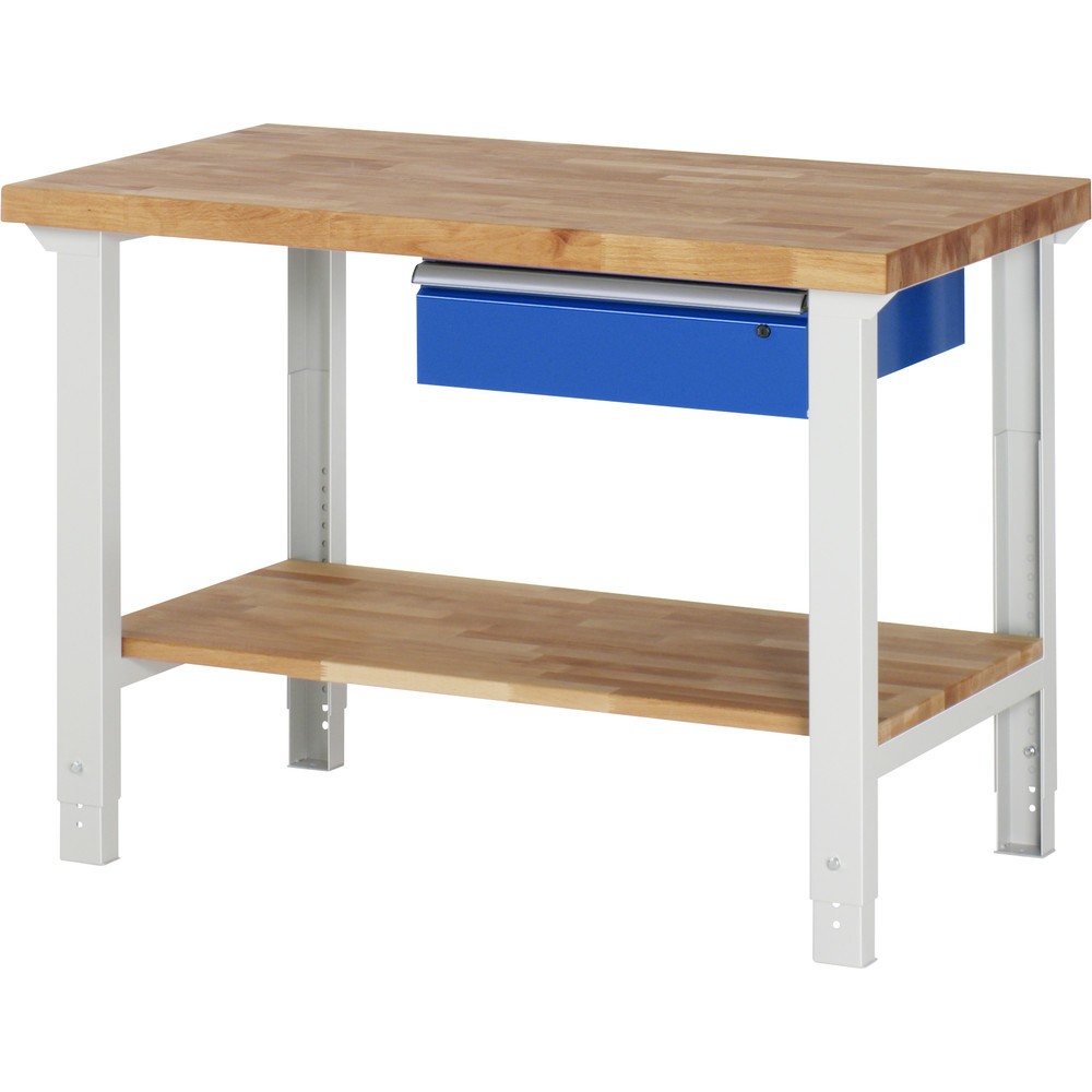Immagine del prodotto: RAU Banco da lavoro Serie 7000, HxLxP 790-1.140 x 1.250 x 700 mm, piano di appoggio inferiore, con 1 cassetto a destra