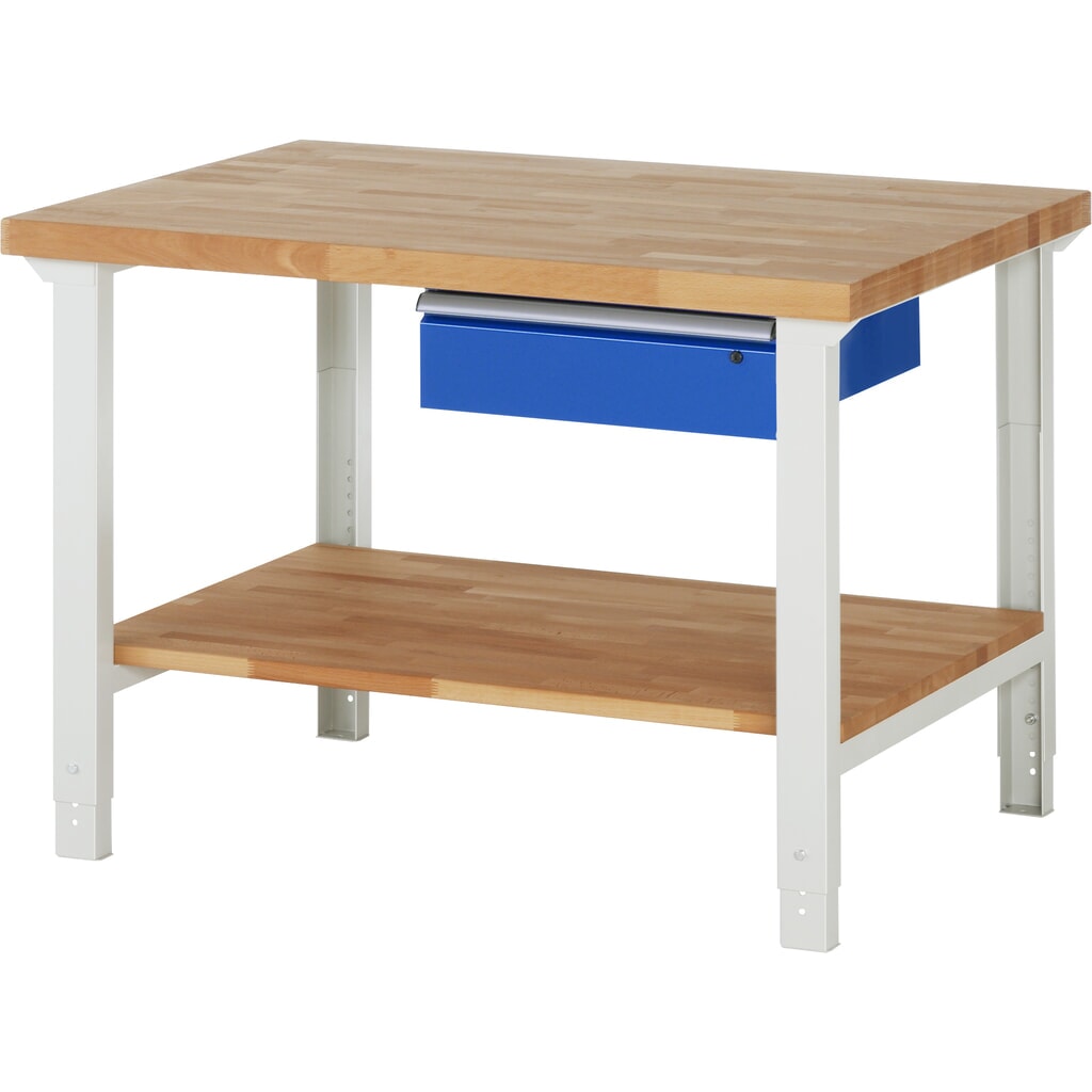Immagine del prodotto: RAU Banco da lavoro Serie 7000, HxLxP 790-1.140 x 1.250 x 900 mm, piano di appoggio inferiore, con 1 cassetto a destra