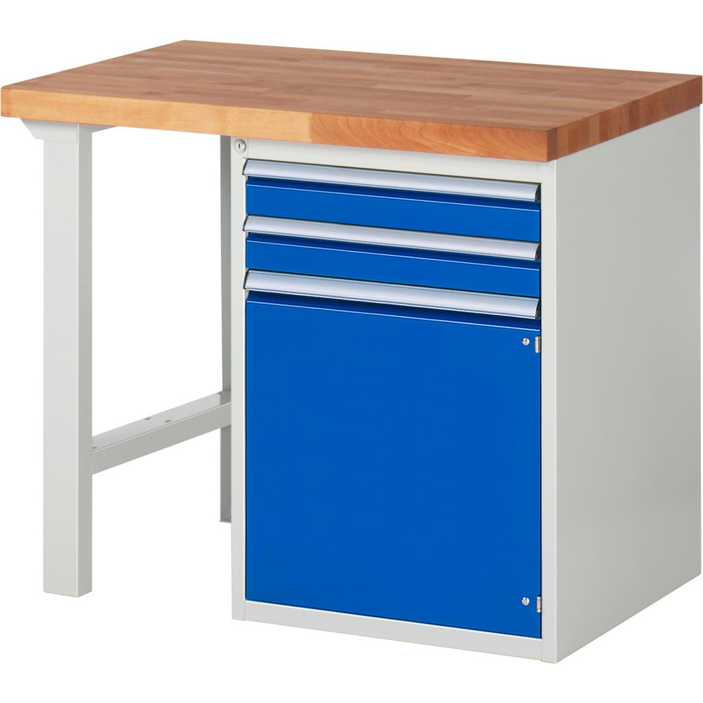 Immagine del prodotto: Banco da lavoro RAU serie 7000, 1 contenitore, AxLxP 890 x 1.000 x 700 mm, 2 cassetti estraibili al 90%, 1 anta battente, 1 ripiano