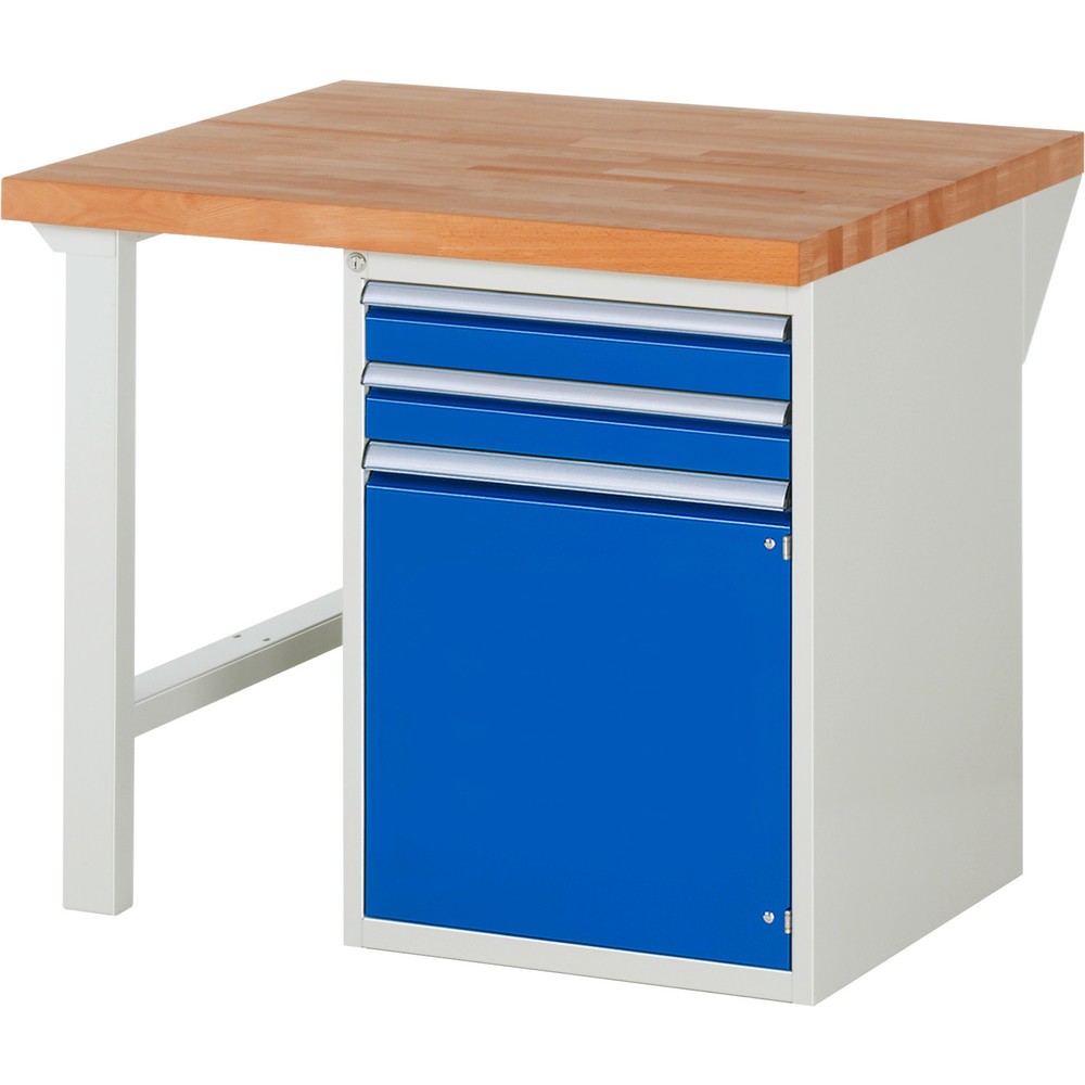 Immagine del prodotto: Banco da lavoro RAU serie 7000, 1 contenitore, AxLxP 840 x 1.000 x 900 mm, 2 cassetti estraibili al 90%, 1 anta battente, 1 ripiano