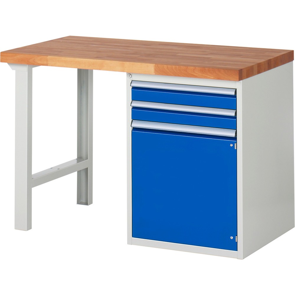 Immagine del prodotto n. 1: Banco da lavoro RAU serie 7000, 1 contenitore, AxLxP 890 x 1.250 x 700 mm, 2 cassetti estraibili al 100%, 1 anta battente, 1 ripiano