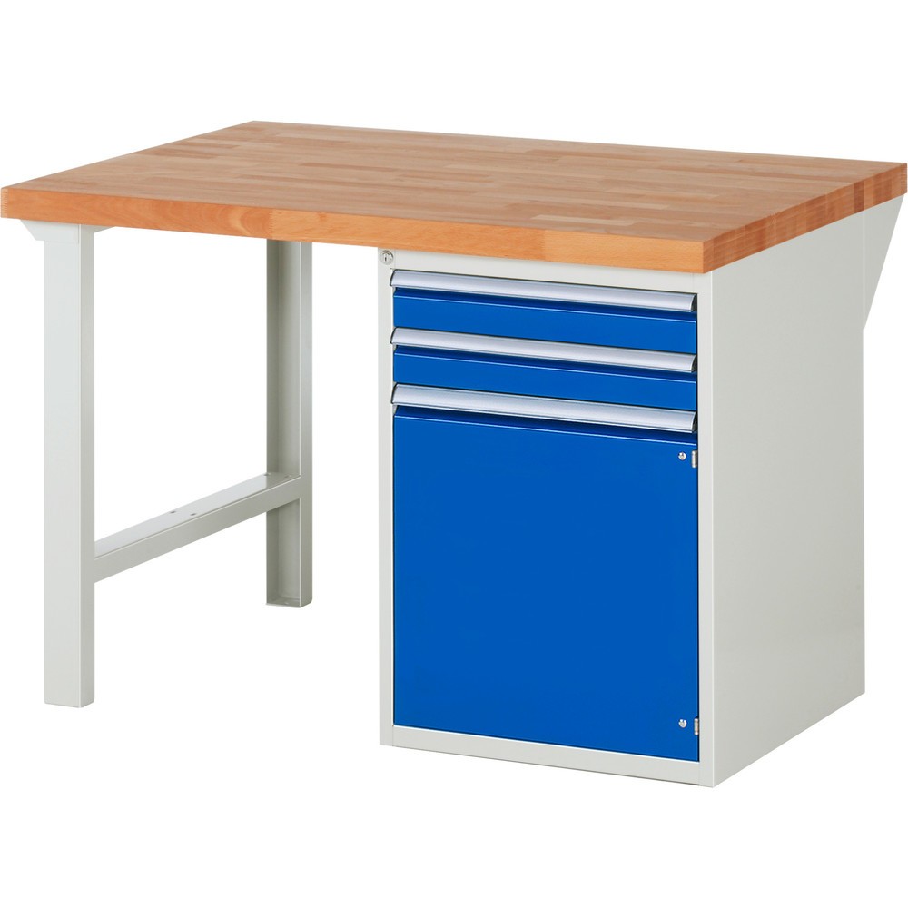 Immagine del prodotto n. 1: Banco da lavoro RAU serie 7000, 1 contenitore, AxLxP 890 x 1.250 x 900 mm, 2 cassetti estraibili al 100%, 1 anta battente, 1 ripiano