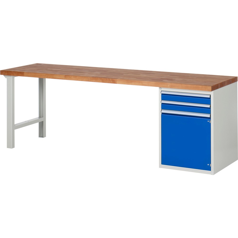 Immagine del prodotto n. 1: Banco da lavoro RAU serie 7000, 1 contenitore, AxLxP 840 x 2.500 x 700 mm, 2 cassetti estraibili al 90%, 1 anta battente, 1 ripiano